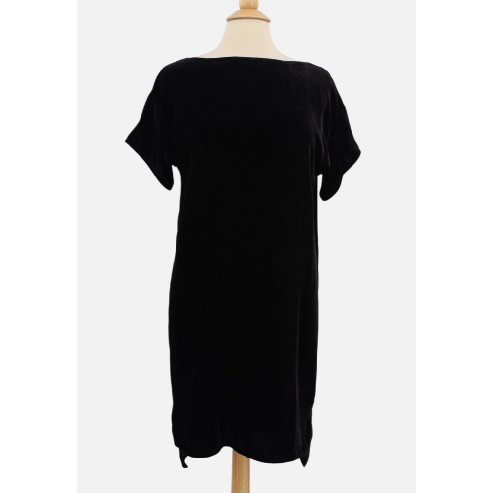 Black Velvet‎ Shift Dress Short Sleeve High-Low Hem Boat Neck Knee Length XS